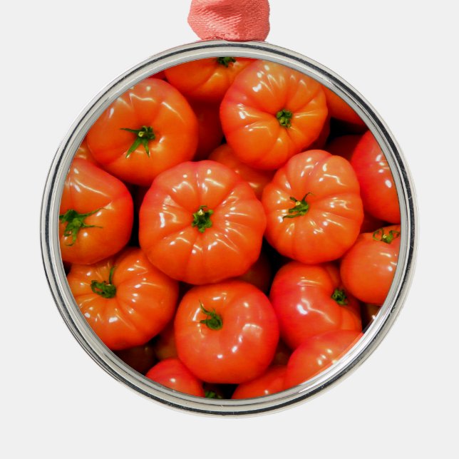 Ornement Rond Argenté Tomates brillantes rouges mûres (Devant)