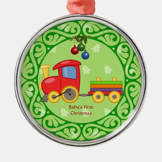 Ornement Rond Argenté Toy Train, le premier Noël du bébé (Devant)