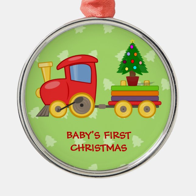 Ornement Rond Argenté Toy Train, le premier Noël du bébé (Devant)