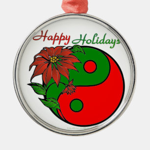 Ornement Rond Argenté Vacances Yin Yang Poinsettia Rouge Vert