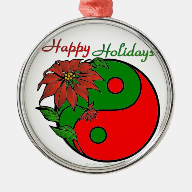 Ornement Rond Argenté Vacances Yin Yang Poinsettia Rouge Vert (Devant)