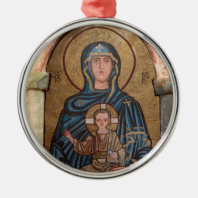 Ornement Rond Argenté Vierge Marie et mosaïque de Jésus (Devant)