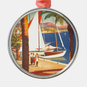 Ornement Rond Argenté Vintage Côte d'Azur Voyage en France