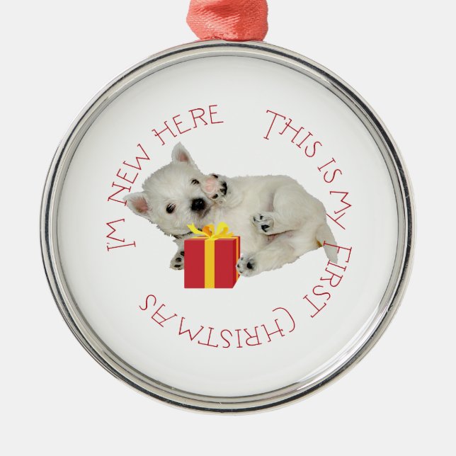 Ornement Rond Argenté Westie Puppy Premier Noël (Devant)