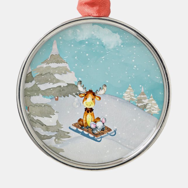 Ornement Rond Argenté Winter Woodland Friends - Illustration animale (Devant)