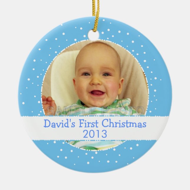Ornement rond bleu de photo de ęr Noël de bébé (Devant)