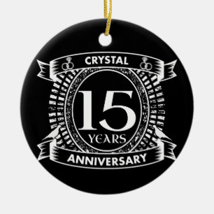 Ornement Rond En Céramique 15E anniversaire du mariage noir et blanc