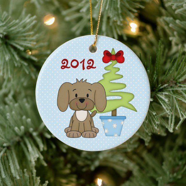 Ornement Rond En Céramique 1er bébé personnalisé Noël mignon Chien chiot (Arbre)