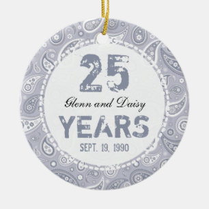 Ornement Rond En Céramique 25e anniversaire de Mariage d'argent Monogramme de