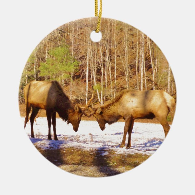 Ornement Rond En Céramique 2~ deux Bull Elk dans la neige (Devant)