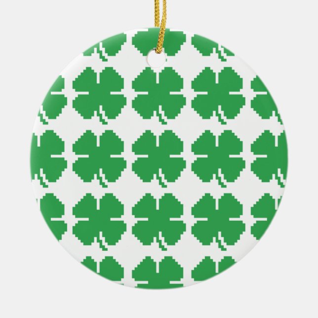 Ornement Rond En Céramique 8 bits Pixel Lucky Four Leaf Clocher (Devant)