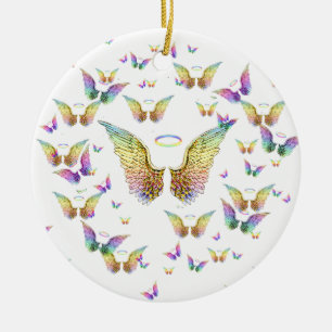 Ornement Rond En Céramique Ailes et halos d'ange d'arc-en-ciel