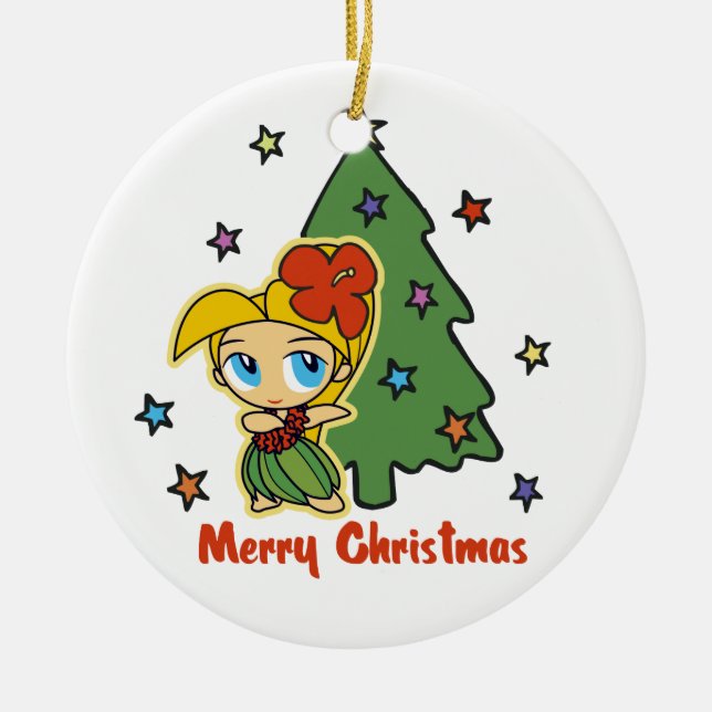 Ornement Rond En Céramique Aloha Honeys Noël Blond Hula Girl (Devant)
