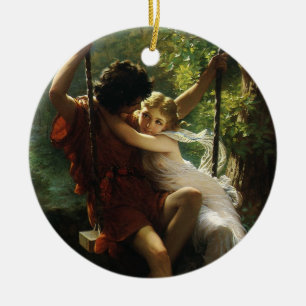 Ornement Rond En Céramique Amants sur une balançoire. Le Printemps de Pierre 