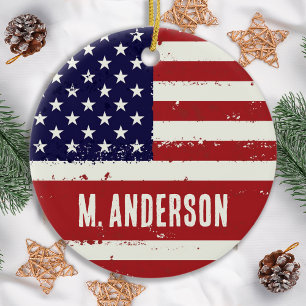 Ornement Rond En Céramique American Flag USA Personnalisé Patriotique