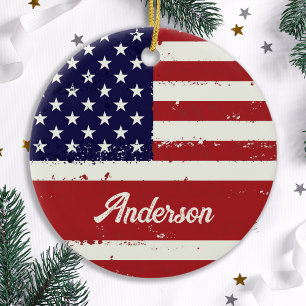 Ornement Rond En Céramique American Flag USA Personnalisé Patriotique