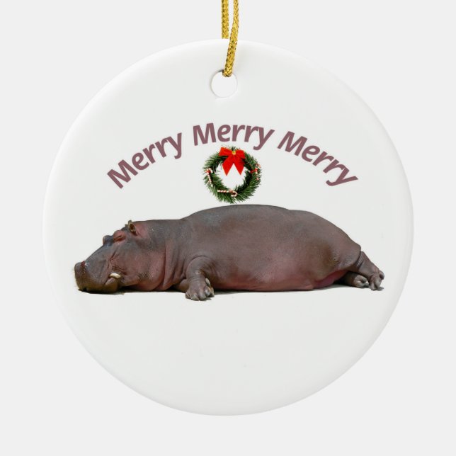 Ornement Rond En Céramique Amusement de Joyeux Noël d'hippopotame (Devant)