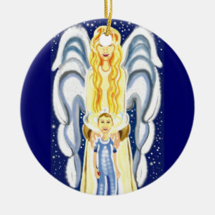 Ornement Rond En Céramique Ange de Noël avec Jésus