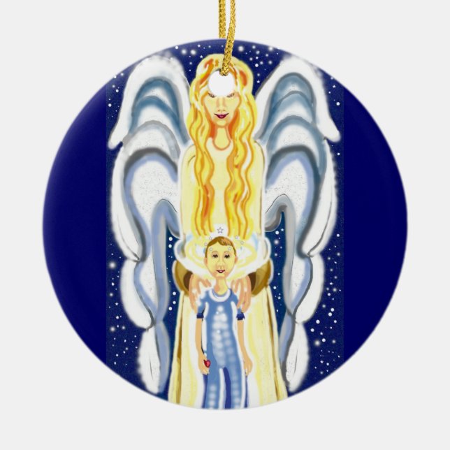 Ornement Rond En Céramique Ange de Noël avec Jésus (Devant)