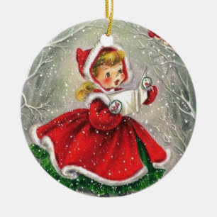 Ornement Rond En Céramique Années 1950 Vintage Christmas Girl In Dress