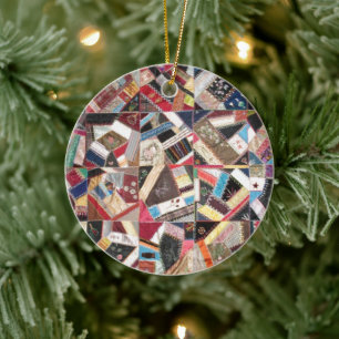 Ornement Rond En Céramique Antique, Victorian-Era, Crazy Quilt