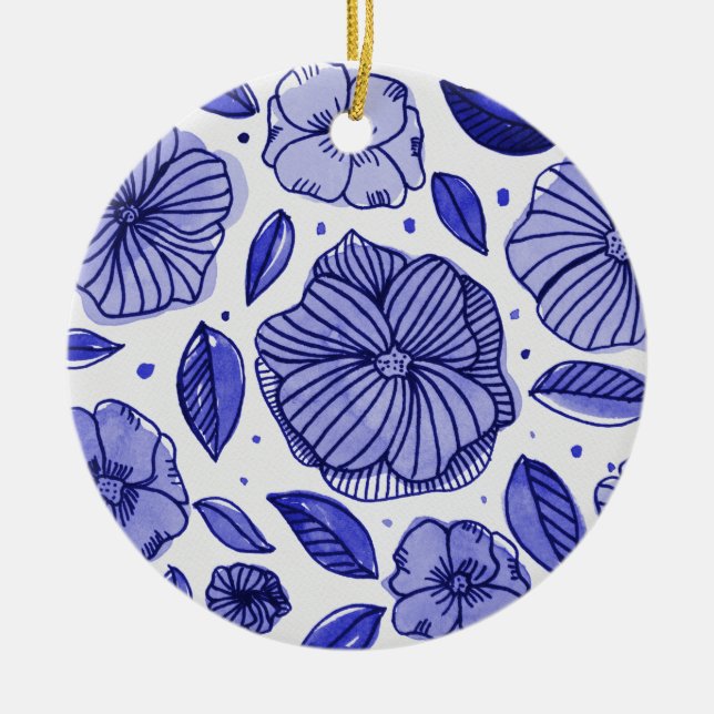 Ornement Rond En Céramique Aquarelle et fleurs d'encre - palette bleue (Devant)