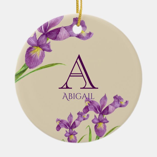 Ornement Rond En Céramique Aquarelle violet Iris Botanique Floral Monogramme (Devant)