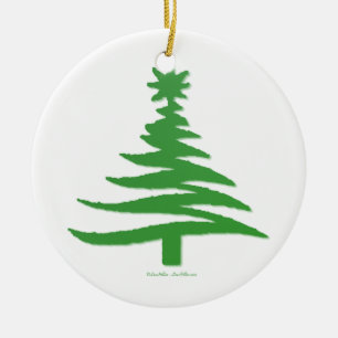 Ornement Rond En Céramique Arbre de Noël Moderne Pochoir Imprimé Vert