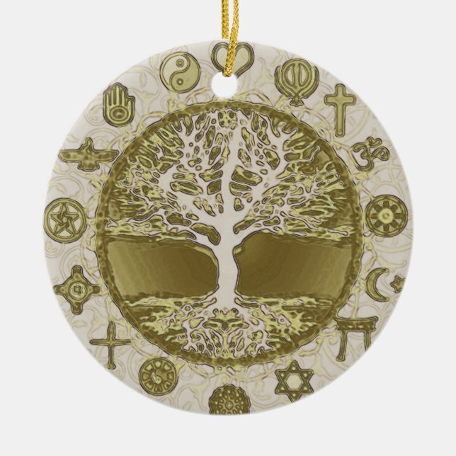 Ornement Rond En Céramique Arbre d'or de la vie (Devant)