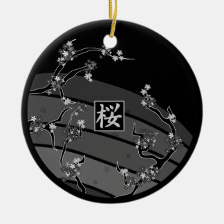 Ornement Rond En Céramique Arbre noir de fleurs de cerisier