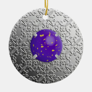 Ornement Rond En Céramique Argent Damask avec faux lapis lazuli gemstone