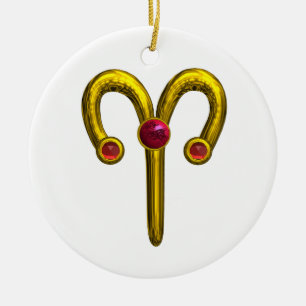 Ornement Rond En Céramique ARIES ZODIAC ANNIVERSAIRE JEWEL Rouge Ruby Or