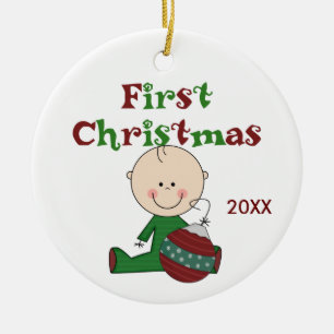 Ornement Rond En Céramique Baby Boy First Christmas Dated Ornament