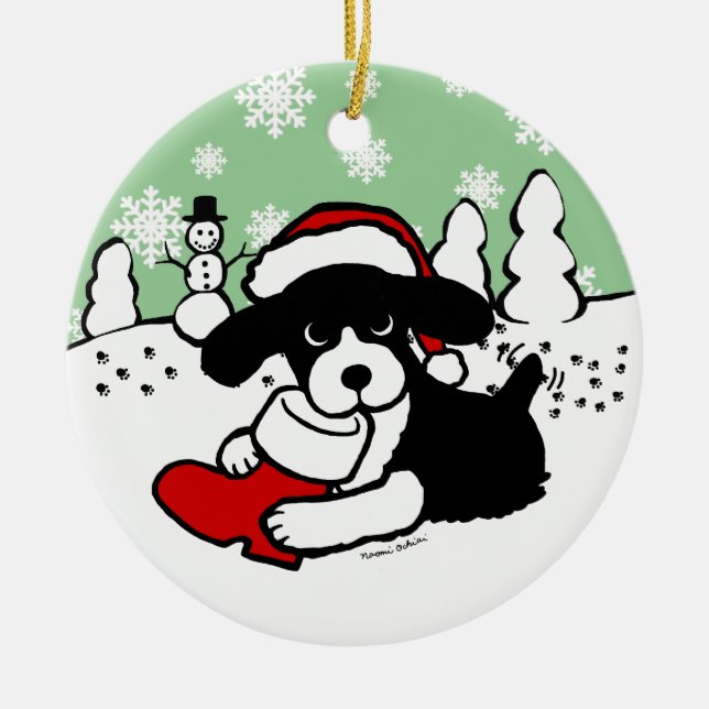 Ornement Rond En Céramique Bande dessinée de Noël d'épagneul de springer (Devant)