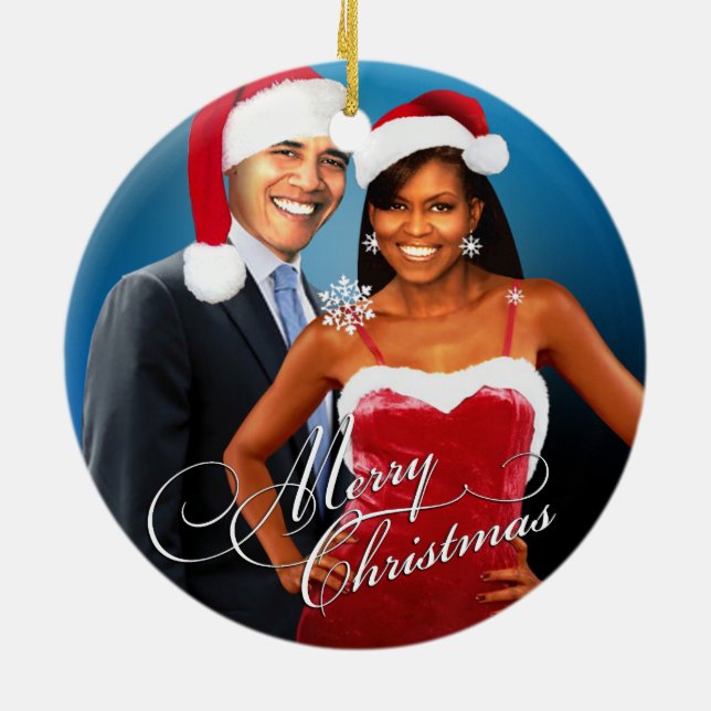 Ornement Rond En Céramique Barack et Michelle Père Noël Noël (Dos)