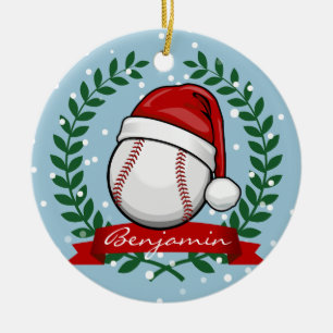 Ornement Rond En Céramique Base-ball avec un casquette de Père Noël de style