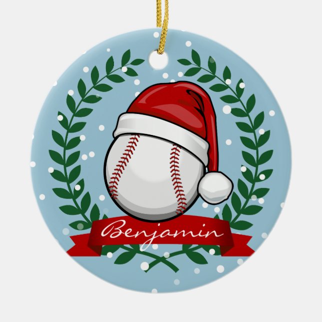 Ornement Rond En Céramique Base-ball avec un casquette de Père Noël de style (Devant)