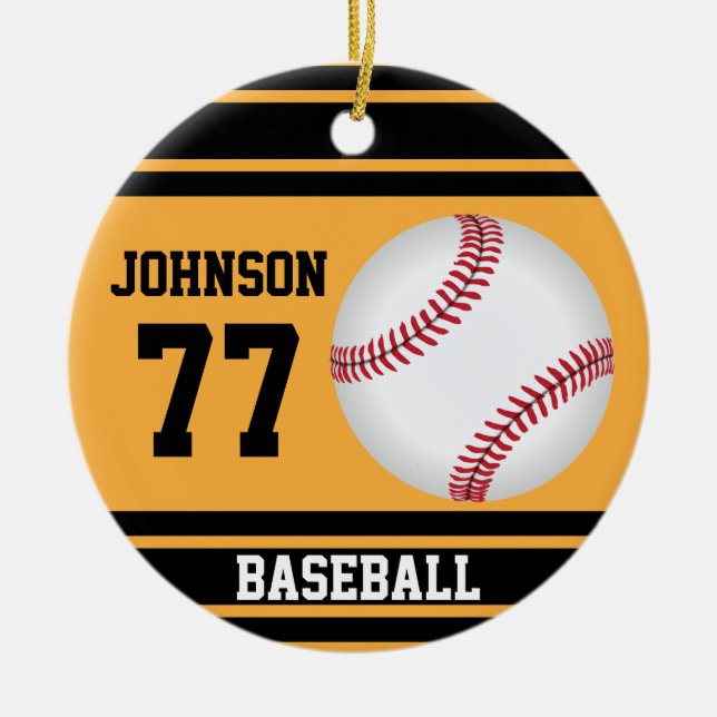 Ornement Rond En Céramique Baseball personnalisé | Or et noir (Devant)