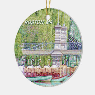 Ornement Rond En Céramique Bateaux cygnes de Boston en crayon et filtre d'enc