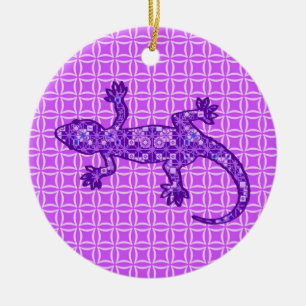 Ornement Rond En Céramique Batik Tribal Gecko - violet et améthyste violet