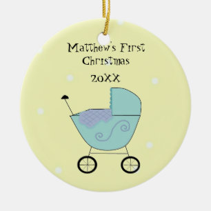 Ornement Rond En Céramique Bébé Buggy Premier Noël de Bébé