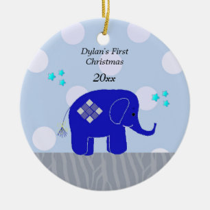 Ornement Rond En Céramique Bébé Éléphant Bleu, Premier Noël