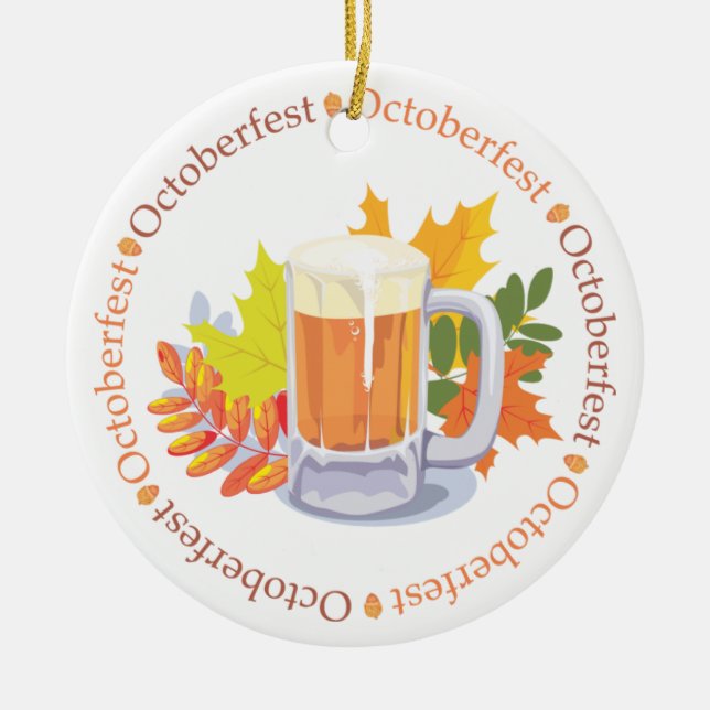 Ornement Rond En Céramique Bière Oktoberfest et feuilles d'automne (Devant)