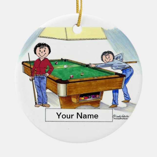 Ornement Rond En Céramique Billard, Joueur de billard - Femme & Femme (Devant)