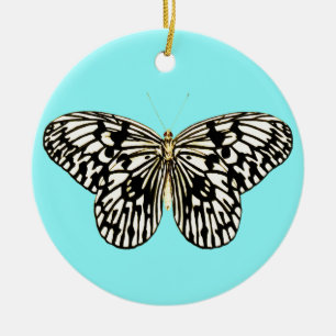Ornement Rond En Céramique Black and white butterfly, turquoise background
