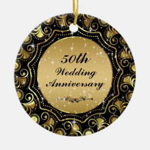 Ornement Rond En Céramique Black & Gold 50e anniversaire Mariage Ornament 2