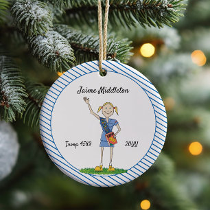 Ornement Rond En Céramique Blonde Cadette Girl Scouting Blue Stripe