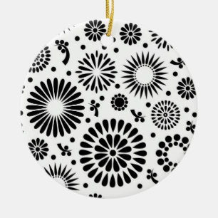 Ornement Rond En Céramique Boho fleurs Motif floral vectoriel noir et blanc