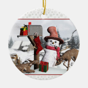 Ornement Rond En Céramique Boîte aux lettres décorée Snowman Deer et cadeaux 