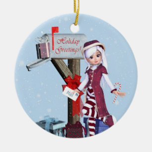 Ornement Rond En Céramique Boîte aux lettres Elf et cadeau